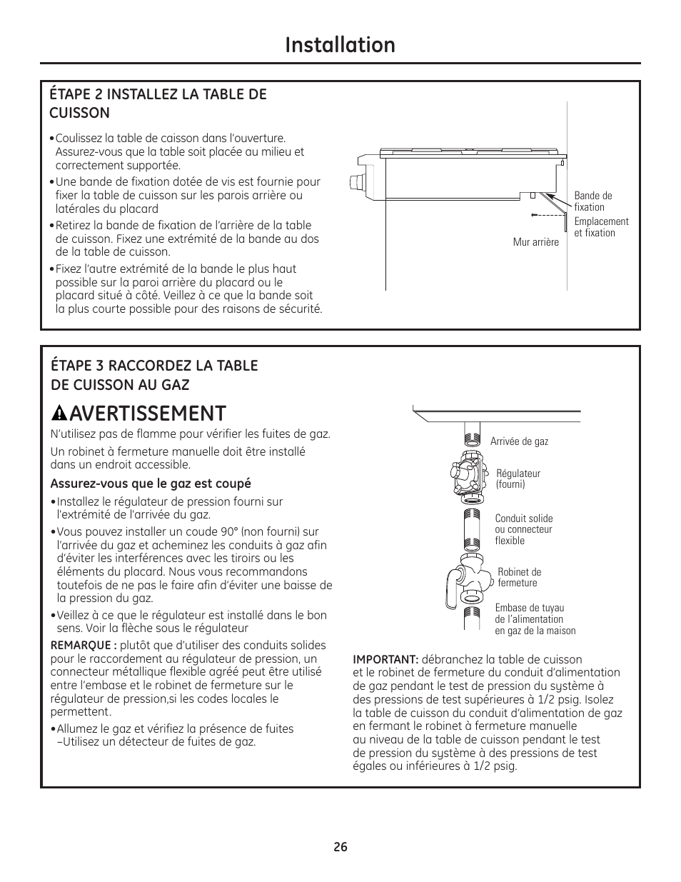 Étape 2, installez la table de cuisson, Installation, Avertissement | Étape 2 installez la table de cuisson, Étape 3 raccordez la table de cuisson au gaz | GE Monogram Professional Rangetop User Manual | Page 26 / 52