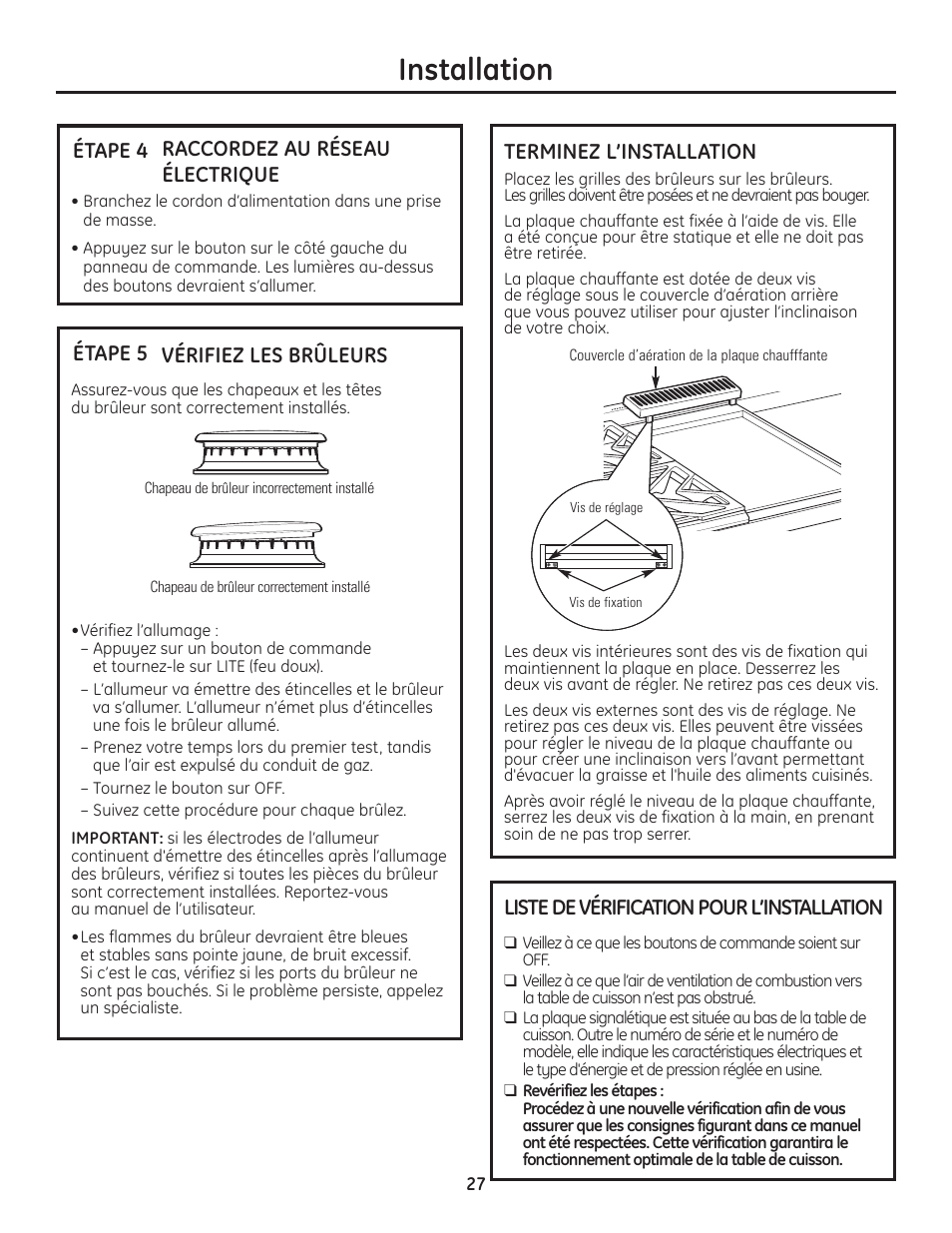 Étape 4, branchez à la prise électrique, Étape 5, vérifiez les brûleurs, Terminez l’installation | Liste de vérification pour l’installation, Installez le dosseret de la table de cuisson, Installation | GE Monogram Professional Rangetop User Manual | Page 27 / 52