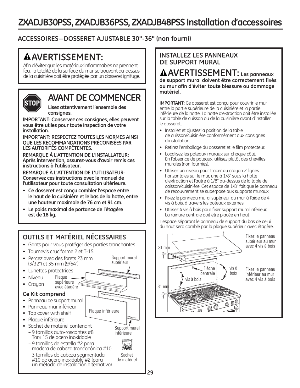 Avertissement, Avant de commencer, Outils et matériel nécessaires | Installez les panneaux de support mural | GE Monogram Professional Rangetop User Manual | Page 29 / 52