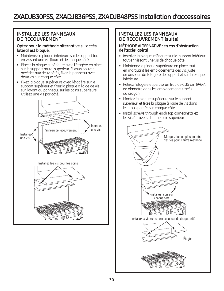 Installez les panneaux de recouvrement (suite), Installez les panneaux de recouvrement | GE Monogram Professional Rangetop User Manual | Page 30 / 52