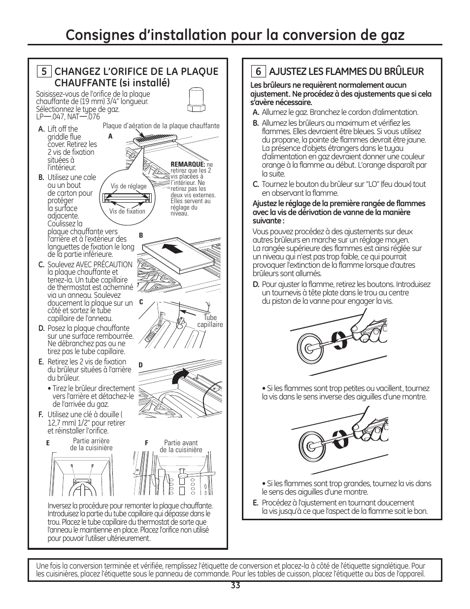 Consignes d’installation pour la conversion de gaz, Ajustez les flammes du brûleur | GE Monogram Professional Rangetop User Manual | Page 33 / 52