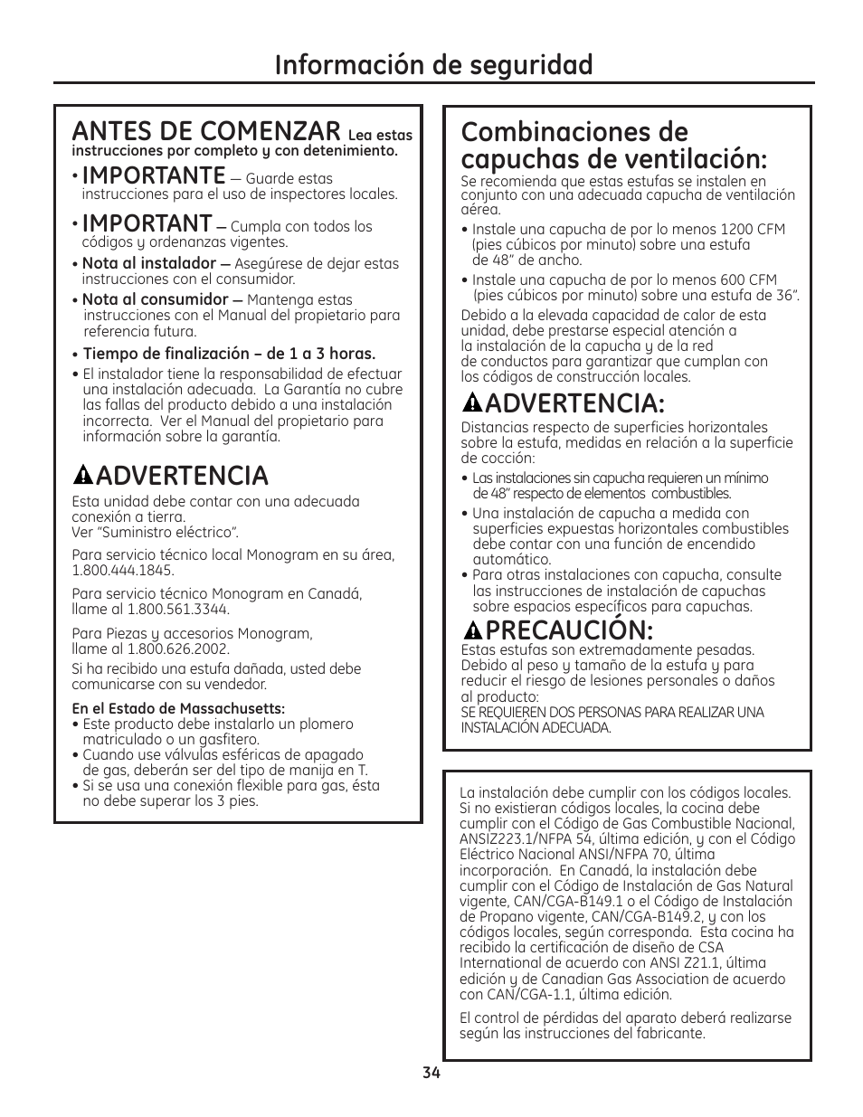 Información de seguridad antes de comenzar, Advertencia, Combinaciones de capuchas de ventilación | Precaución, Importante, Important | GE Monogram Professional Rangetop User Manual | Page 34 / 52