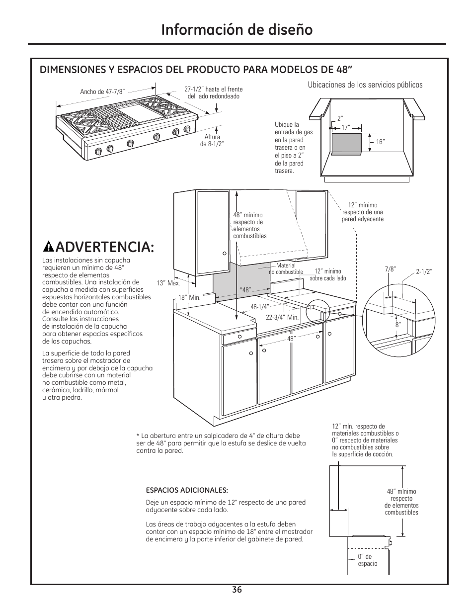 Información de diseño, Advertencia | GE Monogram Professional Rangetop User Manual | Page 36 / 52