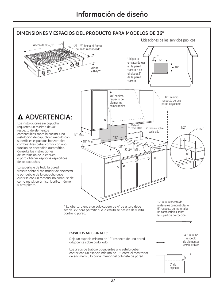 Información de diseño, Advertencia | GE Monogram Professional Rangetop User Manual | Page 37 / 52