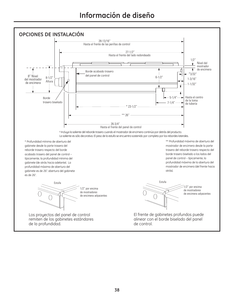 Opciones de instalación, Información de diseño | GE Monogram Professional Rangetop User Manual | Page 38 / 52