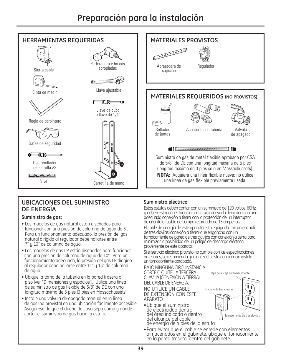 Herramientas y materiales requeridos, Ubicaciones del suministro de energía, Preparación para la instalación | Materiales provistos, Herramientas requeridas, Materiales requeridos | GE Monogram Professional Rangetop User Manual | Page 39 / 52