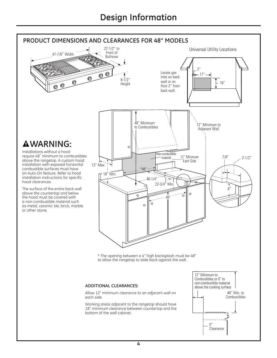 Design information, Warning, Product dimensions and clearances for 48” models | GE Monogram Professional Rangetop User Manual | Page 4 / 52