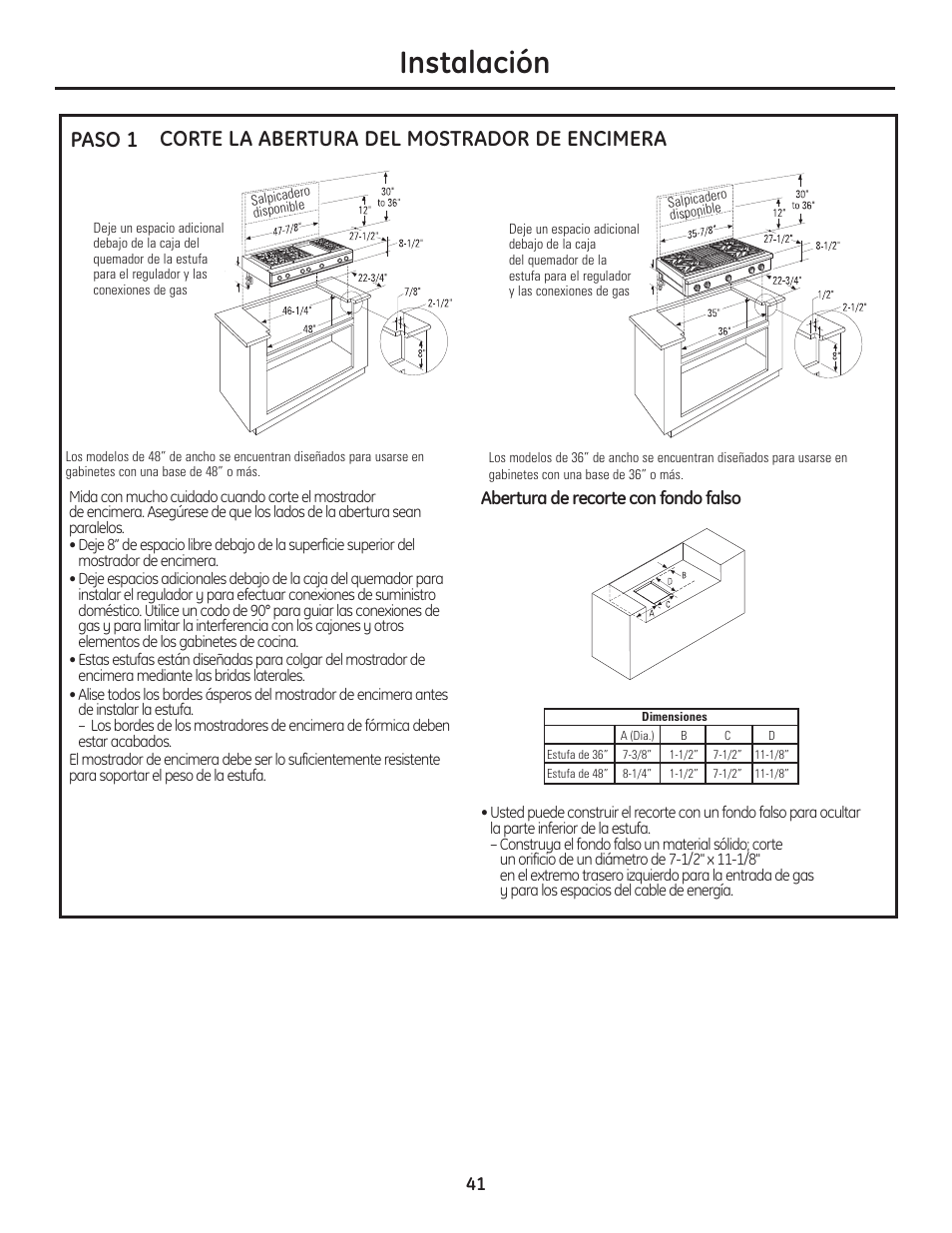 Paso 1, corte la abertura del mostradorde encimera, Instalación, Corte la abertura del mostrador de encimera paso 1 | GE Monogram Professional Rangetop User Manual | Page 41 / 52