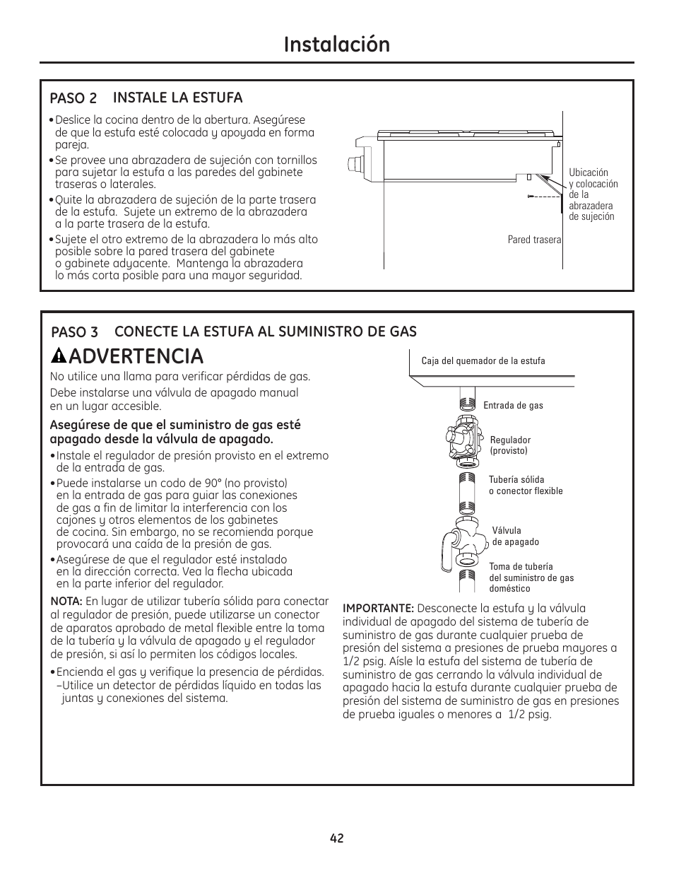 Paso 2, instale la estufa, Paso 3, conecte la estufa al suministro de gas, Instalación | Advertencia, Instale la estufa, Paso 2 conecte la estufa al suministro de gas, Paso 3 | GE Monogram Professional Rangetop User Manual | Page 42 / 52
