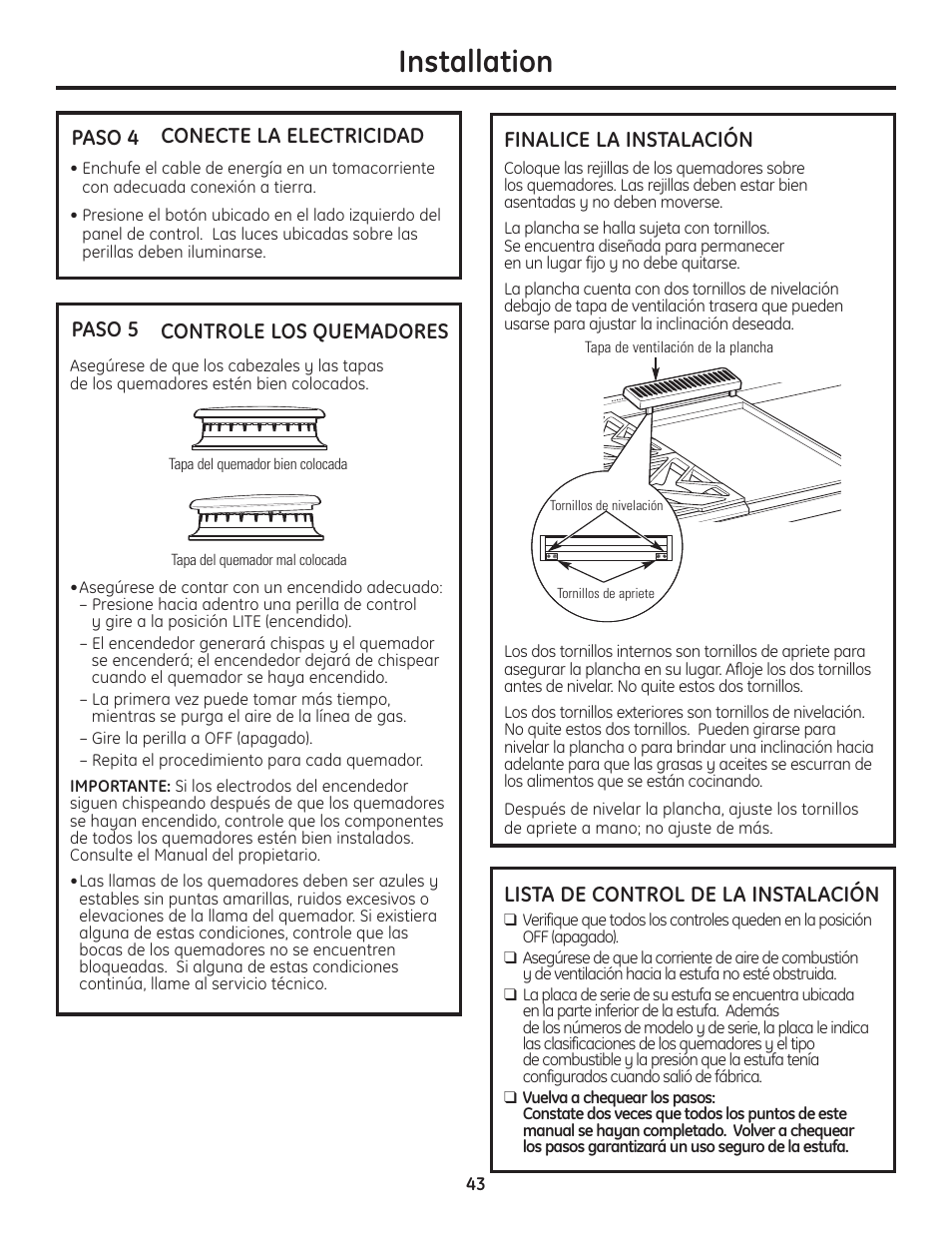 Paso 4, conecte la electricidad, Paso 5, controle los quemadores, Finalice la instalación | Lista de control de la instalación, Installation | GE Monogram Professional Rangetop User Manual | Page 43 / 52