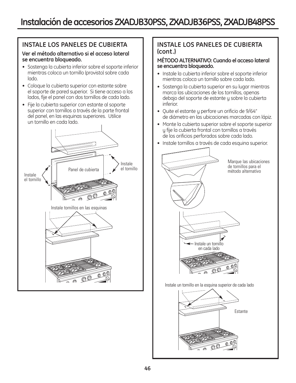 Instale los paneles de cubierta (cont.), Instale los paneles de cubierta | GE Monogram Professional Rangetop User Manual | Page 46 / 52