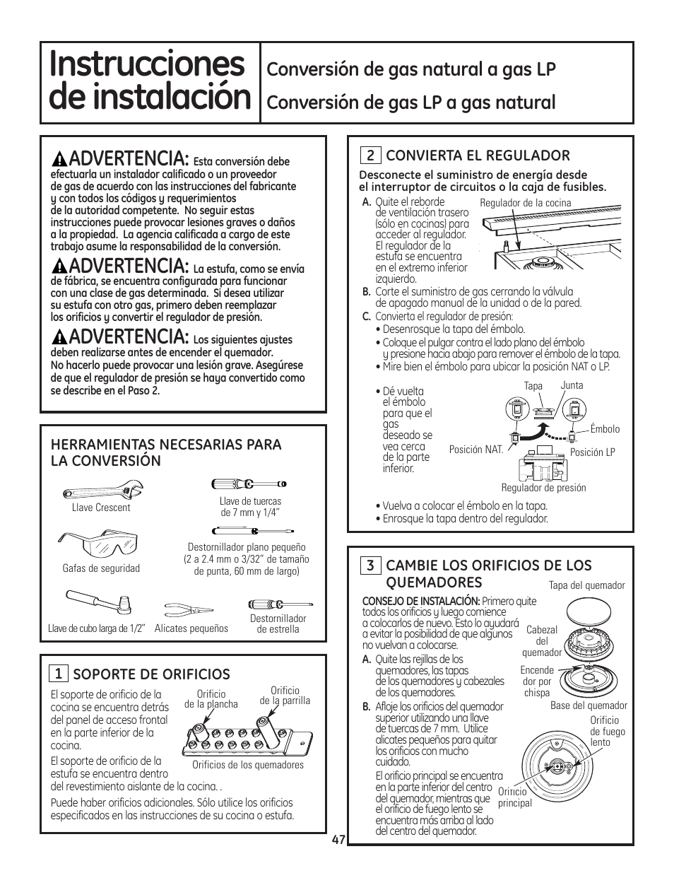 Conversión de gas, Conversión de gas , 49, Instrucciones | De instalación, Advertencia, Conversión de gas natural a gas lp, Conversión de gas lp a gas natural, 2cambie los orificios de los quemadores, Soporte de orificios | GE Monogram Professional Rangetop User Manual | Page 47 / 52
