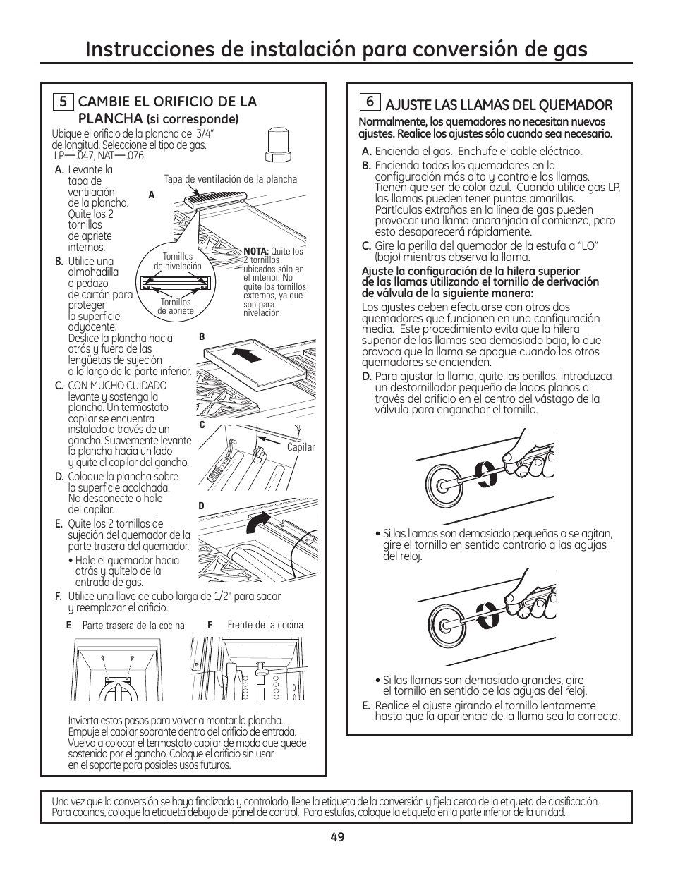 Cambie el orificio de la plancha, Ajuste las llamas del quemador | GE Monogram Professional Rangetop User Manual | Page 49 / 52