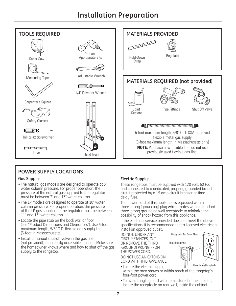 Tools and materials required, Power supply locations, Installation preparation | Materials provided, Tools required, Materials required (not provided) | GE Monogram Professional Rangetop User Manual | Page 7 / 52