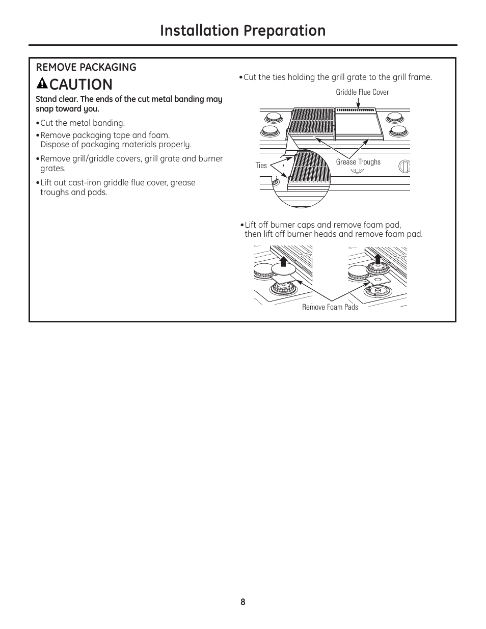 Remove packaging, Installation preparation, Caution | GE Monogram Professional Rangetop User Manual | Page 8 / 52