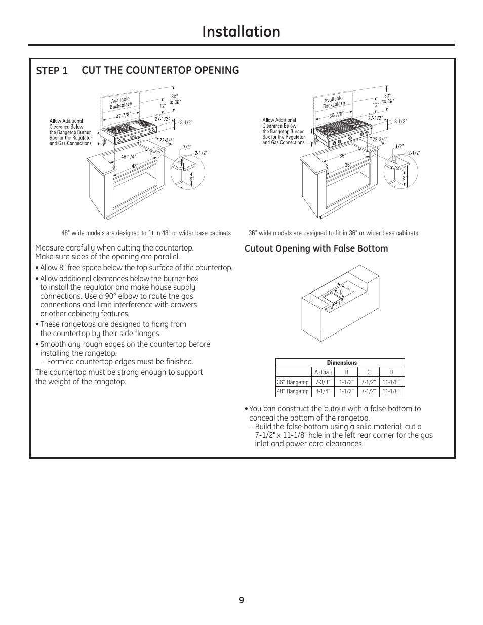 Step 1, cut the countertop opening, Installation, Cut the countertop opening step 1 | GE Monogram Professional Rangetop User Manual | Page 9 / 52