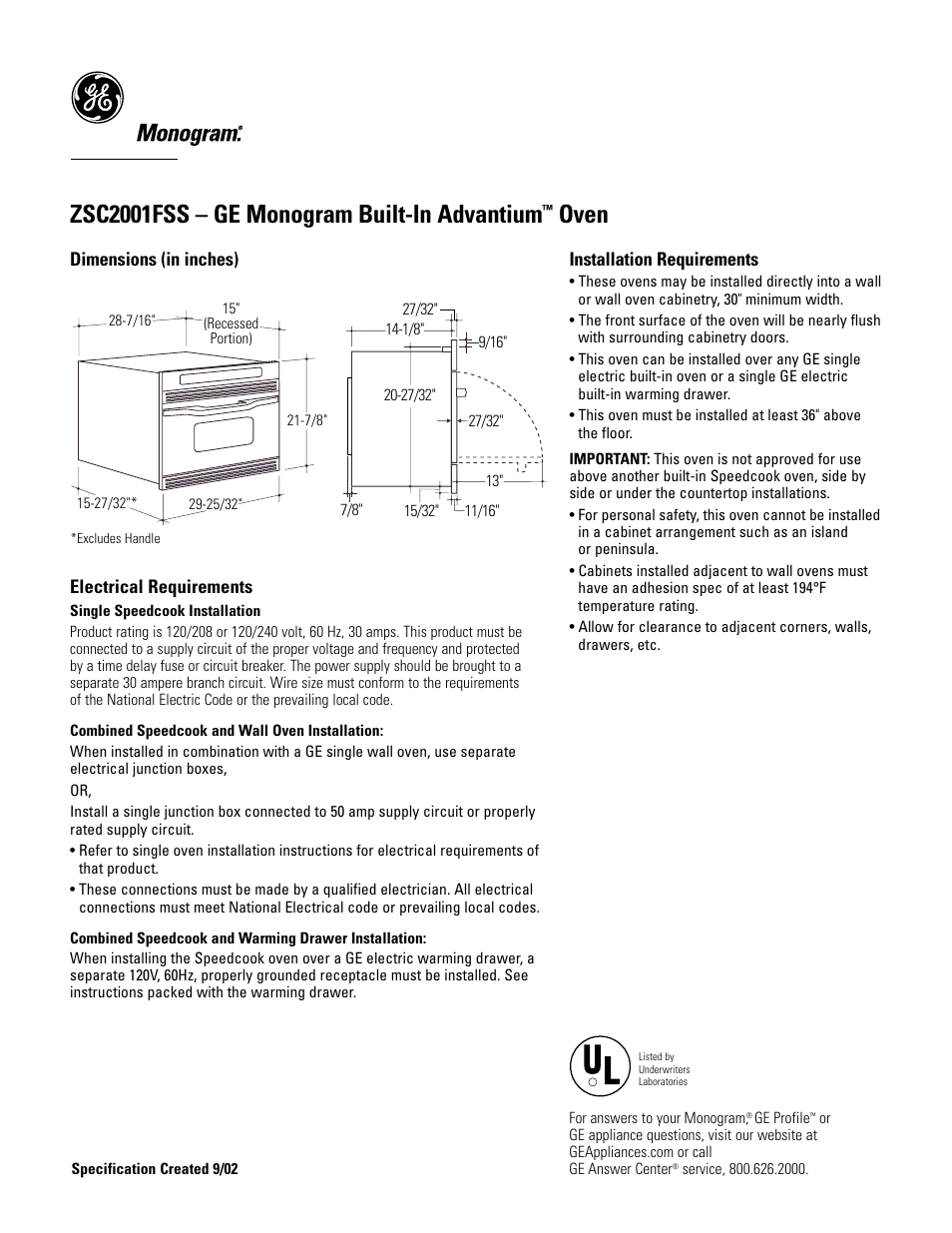 GE Monogram ZSC2001FSS User Manual | 3 pages