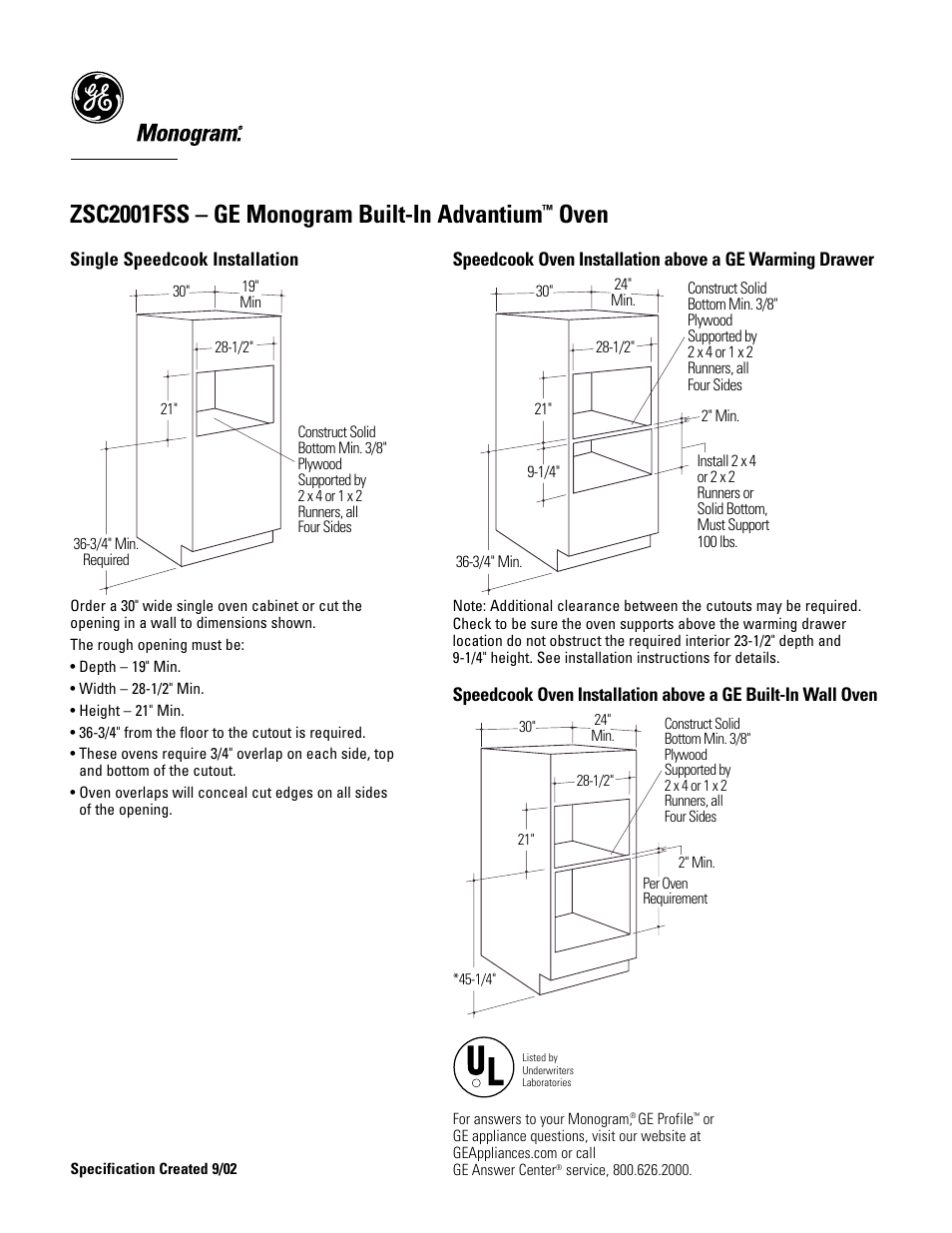 Zsc2001fss – ge monogram built-in advantium, Oven | GE Monogram ZSC2001FSS User Manual | Page 2 / 3