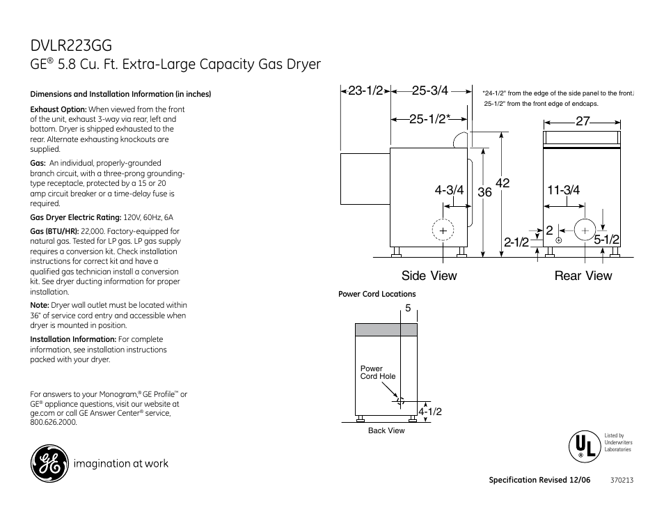 GE Monogram DVLR223GG User Manual | 3 pages
