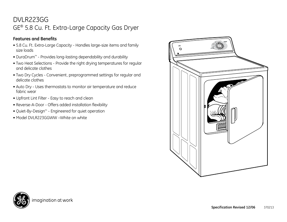 Dvlr223gg, 8 cu. ft. extra-large capacity gas dryer | GE Monogram DVLR223GG User Manual | Page 3 / 3