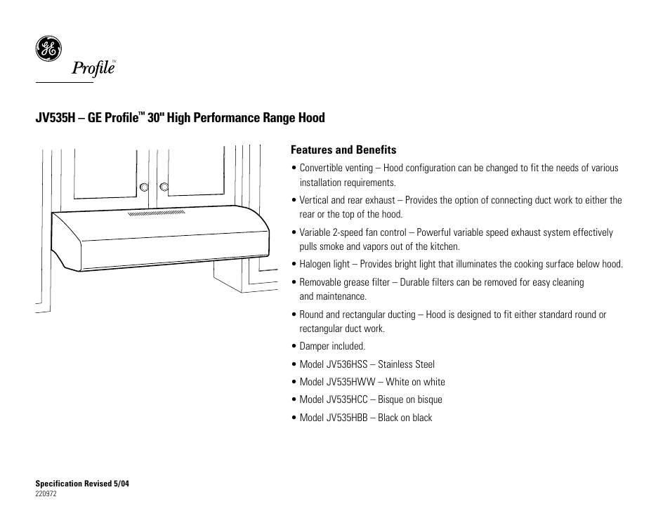 Jv535h – ge profile, 30" high performance range hood | GE Monogram PROFILE JV535H User Manual | Page 2 / 2
