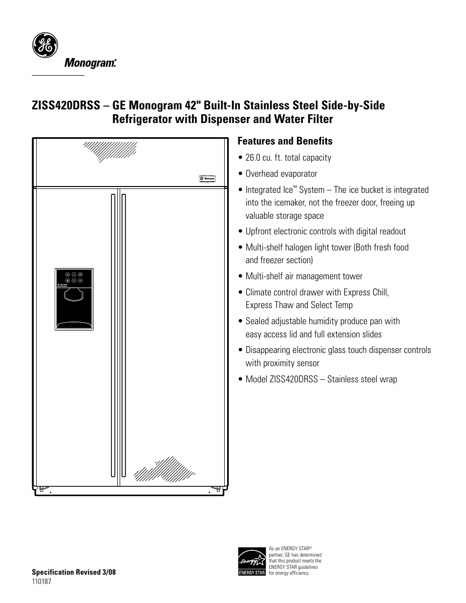 Ziss420drss, Features and benefits | GE Monogram ZISS420DRSS User Manual | Page 2 / 2