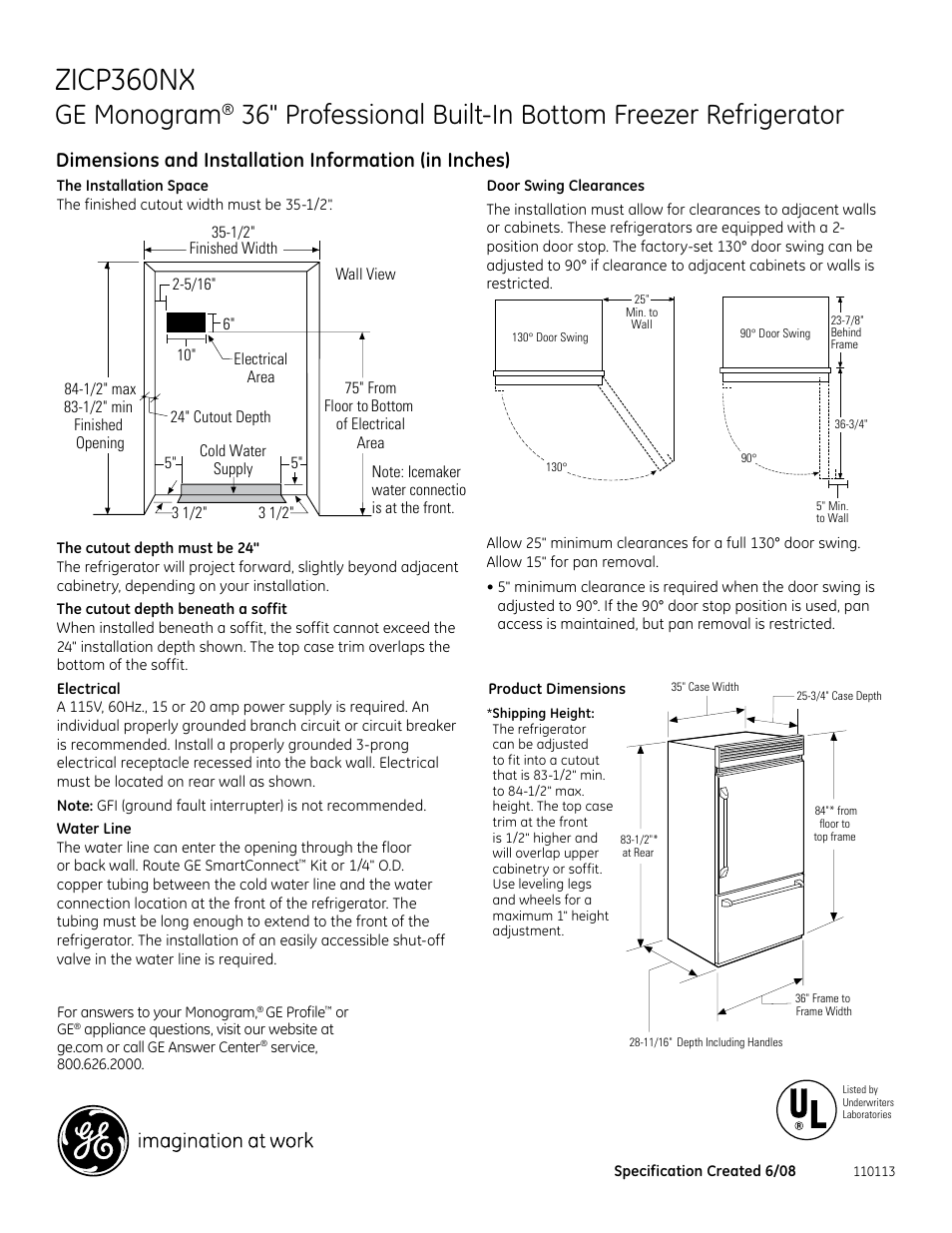 GE ZICP360NXLH User Manual | 2 pages
