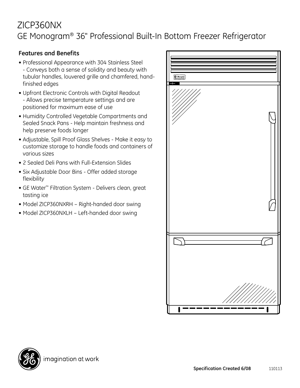 Zicp360nx, Ge monogram | GE ZICP360NXLH User Manual | Page 2 / 2