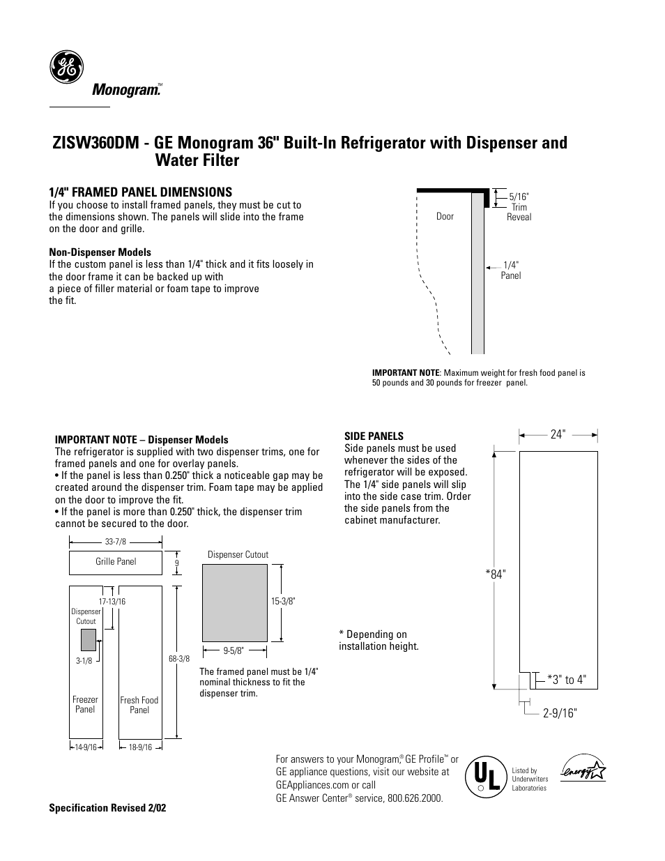 Monogram, 1/4" framed panel dimensions | GE Monogram ZISW360DM User Manual | Page 2 / 6