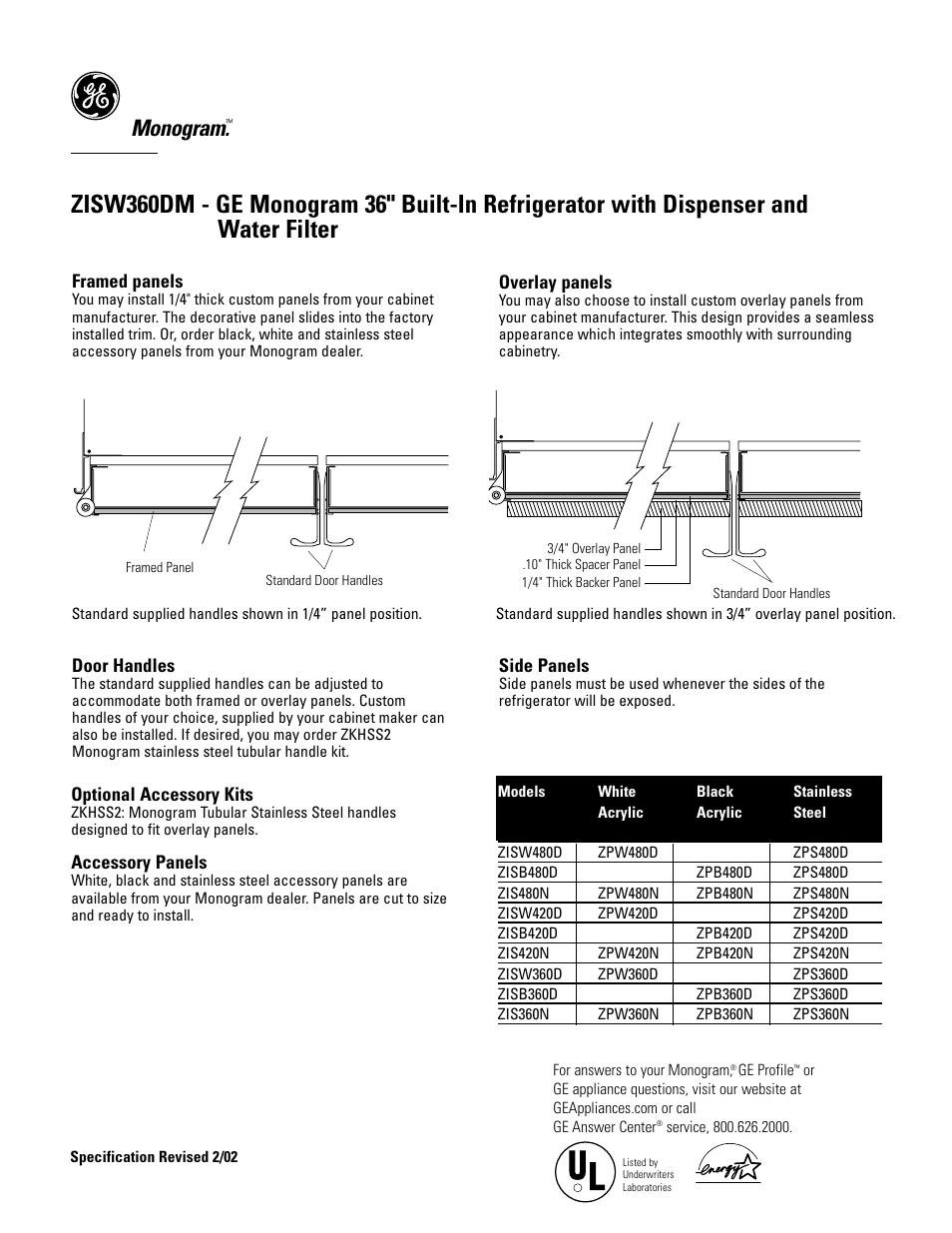 Monogram, Framed panels, Door handles | Overlay panels, Side panels, Optional accessory kits, Accessory panels | GE Monogram ZISW360DM User Manual | Page 4 / 6