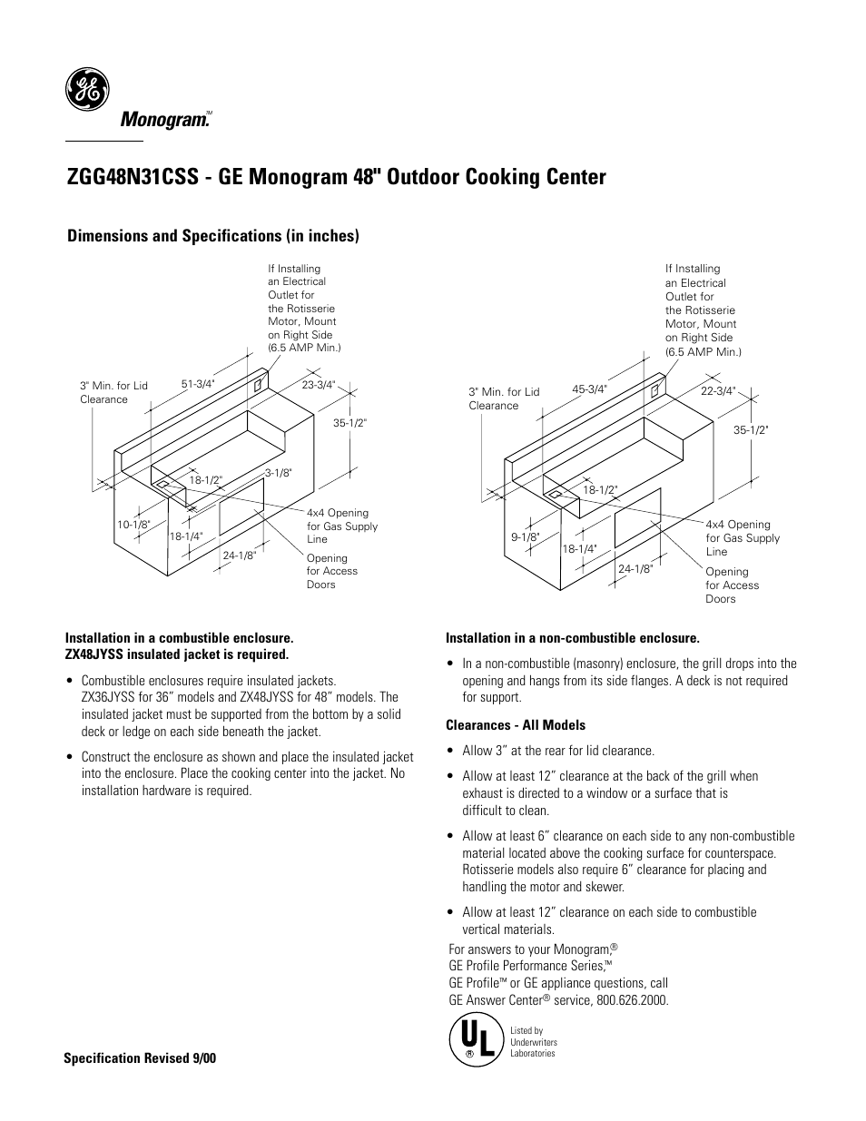 Monogram, Dimensions and specifications (in inches) | GE Monogram ZGG48N31CSS User Manual | Page 2 / 3