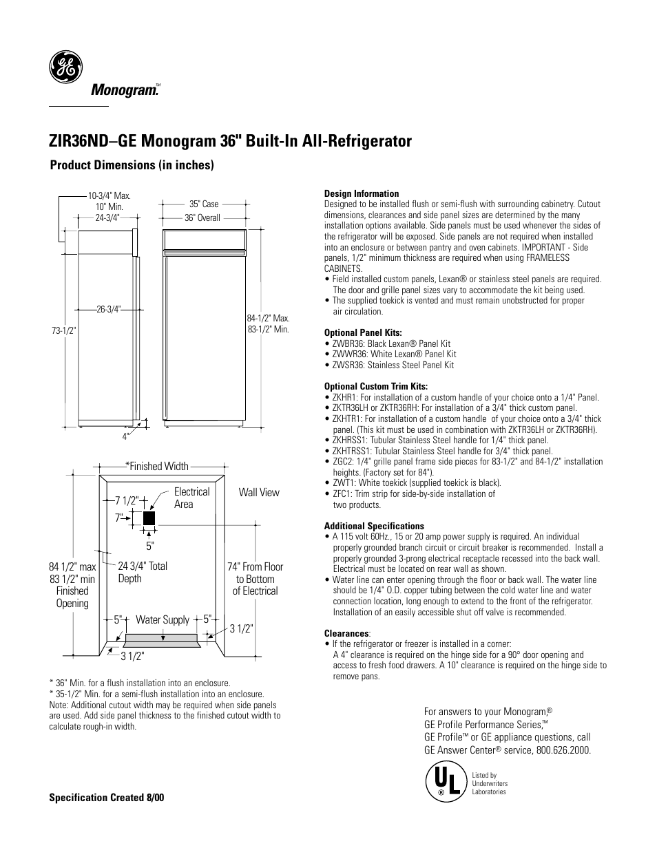 GE Monogram ZIR36NDGE User Manual | 9 pages
