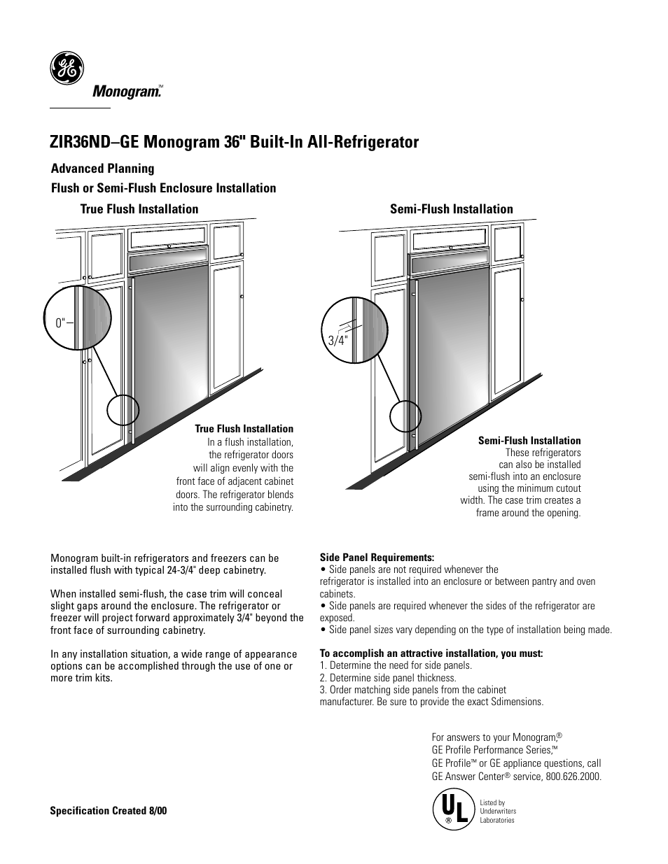 Zir36nd–ge monogram 36" built-in all-refrigerator, Monogram | GE Monogram ZIR36NDGE User Manual | Page 2 / 9