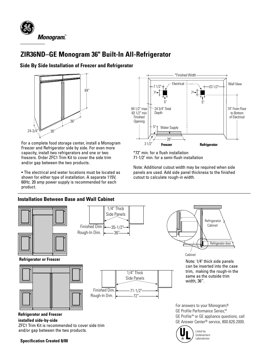 Zir36nd–ge monogram 36" built-in all-refrigerator, Monogram, Installation between base and wall cabinet | GE Monogram ZIR36NDGE User Manual | Page 3 / 9
