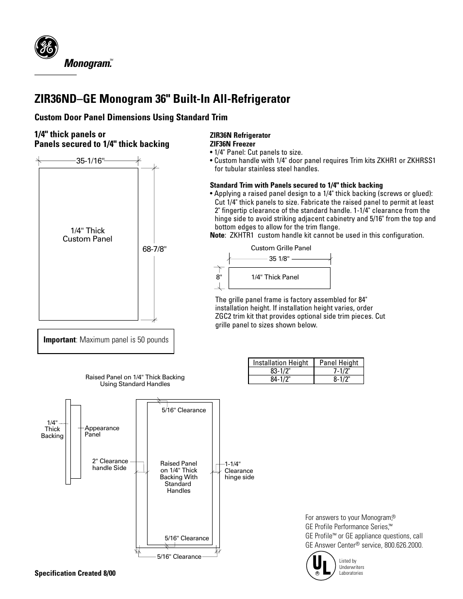 Zir36nd–ge monogram 36" built-in all-refrigerator, Monogram, Custom door panel dimensions using standard trim | GE Monogram ZIR36NDGE User Manual | Page 5 / 9