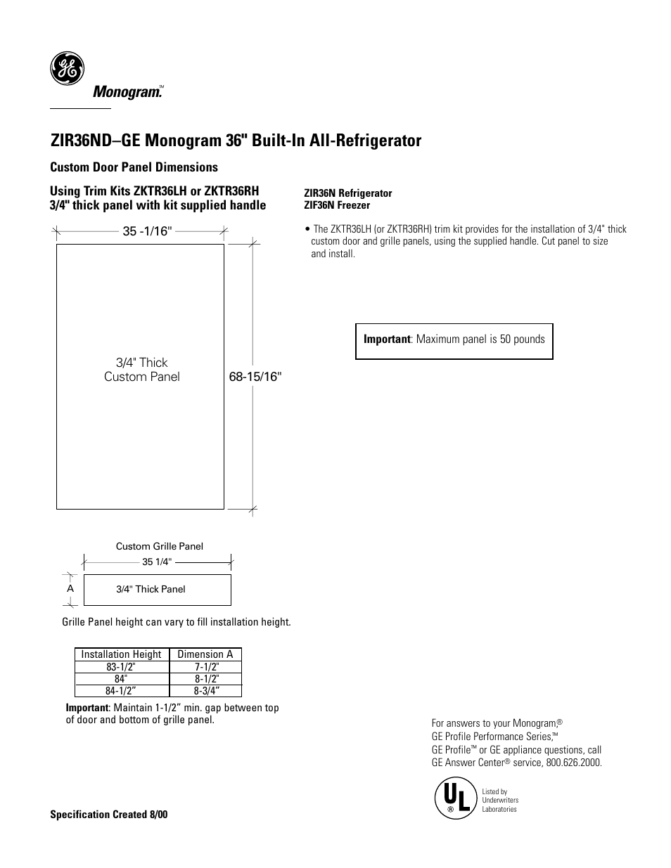 Zir36nd–ge monogram 36" built-in all-refrigerator, Monogram | GE Monogram ZIR36NDGE User Manual | Page 6 / 9