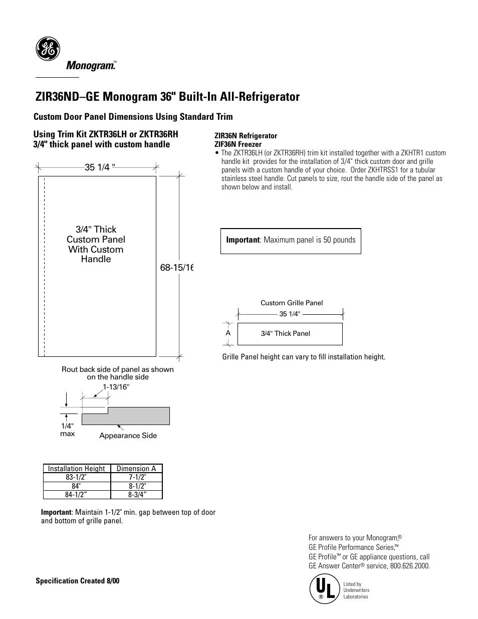 Zir36nd–ge monogram 36" built-in all-refrigerator, Monogram | GE Monogram ZIR36NDGE User Manual | Page 7 / 9