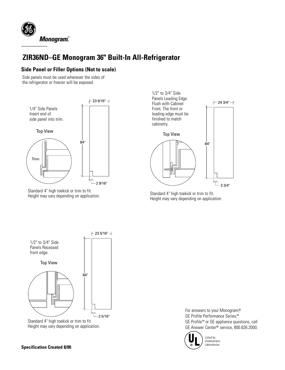 Zir36nd–ge monogram 36" built-in all-refrigerator, Monogram, Side panel or filler options (not to scale) | GE Monogram ZIR36NDGE User Manual | Page 8 / 9