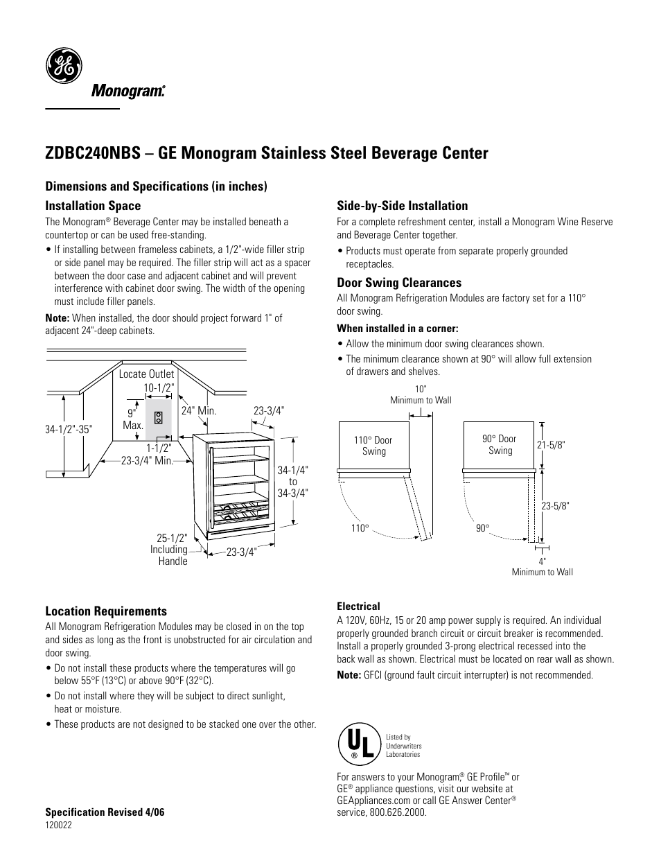 GE Monogram ZDBC240NBS User Manual | 2 pages