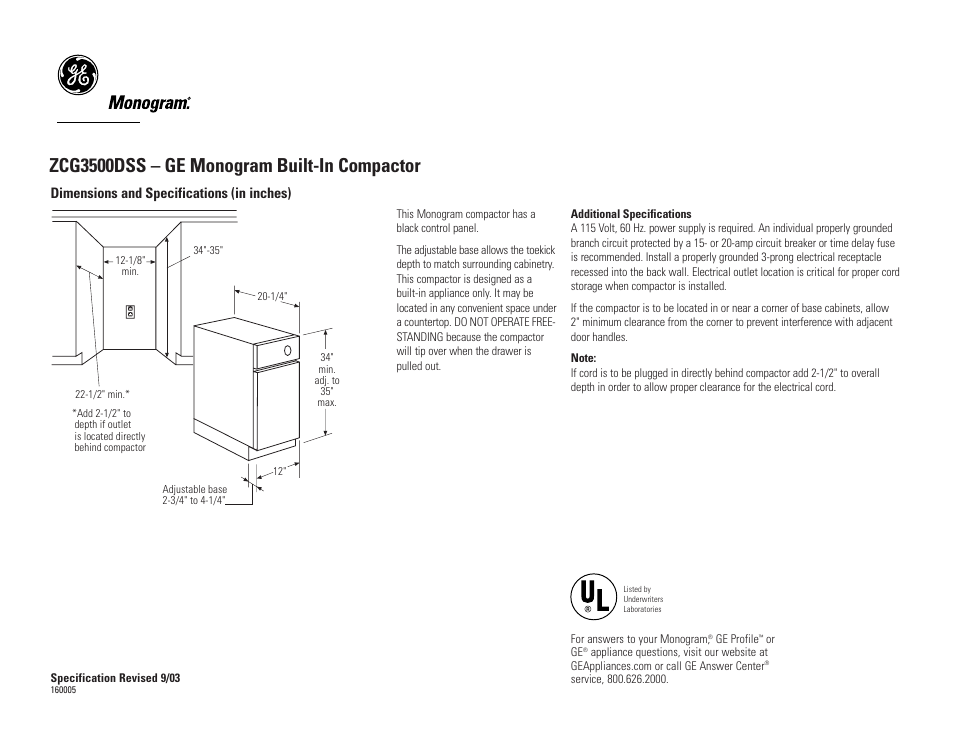 GE Monogram ZCG3500DSS User Manual | 2 pages