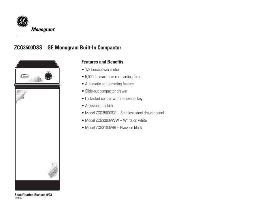 Zcg3500dss – ge monogram built-in compactor, Features and benefits | GE Monogram ZCG3500DSS User Manual | Page 2 / 2