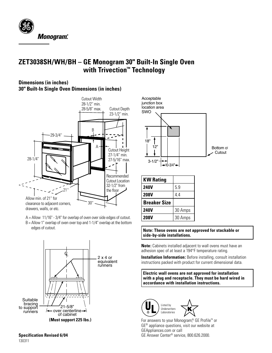 GE Monogram ZET3038SH/WH/BH User Manual | 2 pages