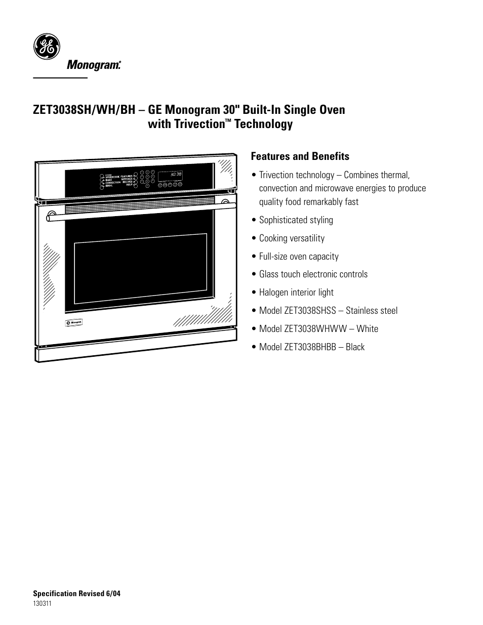 Zet3038shss, Technology, Features and benefits | GE Monogram ZET3038SH/WH/BH User Manual | Page 2 / 2