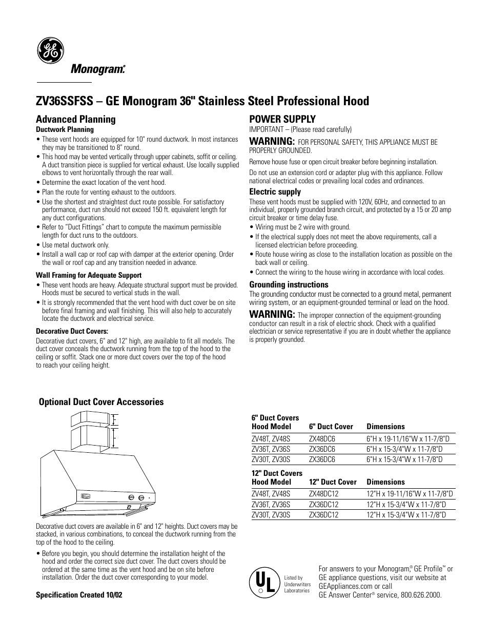 Advanced planning, Power supply, Warning | Optional duct cover accessories | GE Monogram PROFILE ZV36SSFSS User Manual | Page 2 / 4