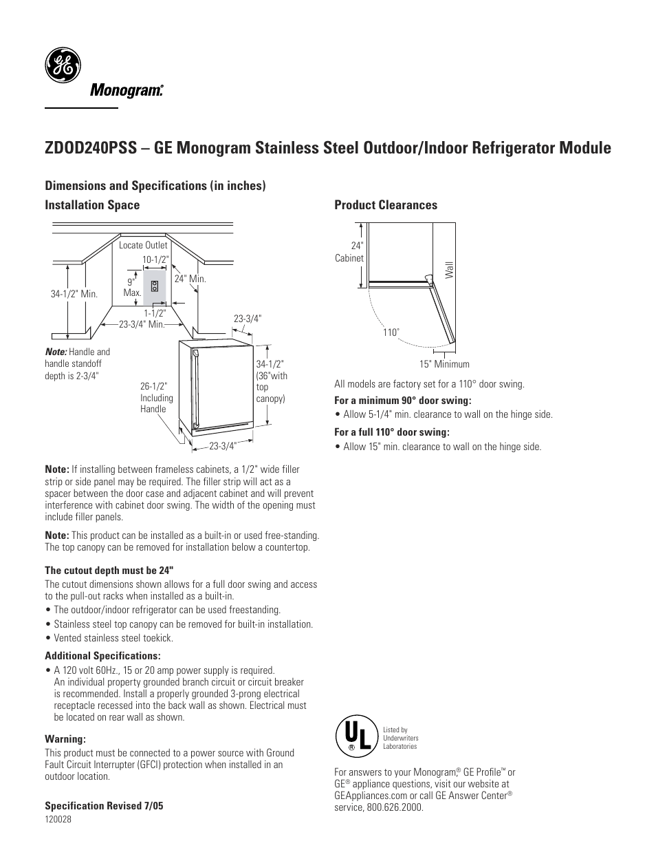 GE Monogram ZDOD240PSS User Manual | 3 pages