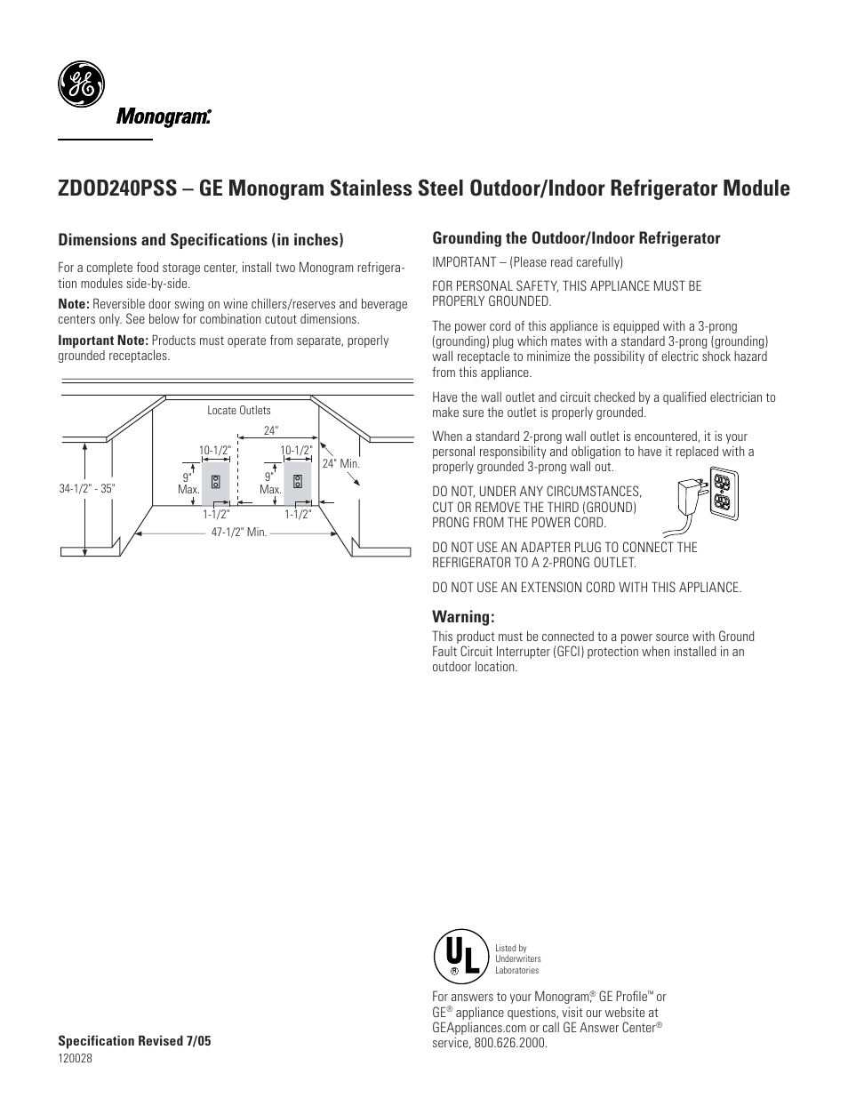 Dimensions and specifications (in inches), Grounding the outdoor/indoor refrigerator, Warning | GE Monogram ZDOD240PSS User Manual | Page 2 / 3