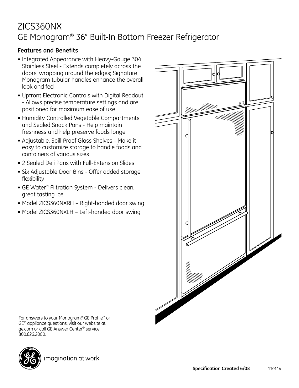 Zics360nrrh.eps, Zics360nx, Ge monogram | 36” built-in bottom freezer refrigerator | GE ZICS360NXRH User Manual | Page 2 / 2