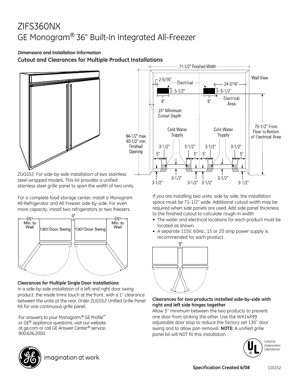 Zifs360nx, Ge monogram, 36" built-in integrated all-freezer | GE Monogram ZIFS360NX User Manual | Page 2 / 3