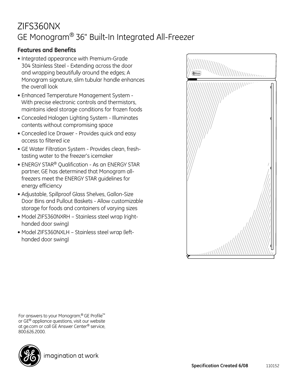 Zifs360nx, Ge monogram, 36" built-in integrated all-freezer | GE Monogram ZIFS360NX User Manual | Page 3 / 3