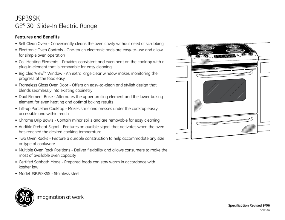 Jsp39sk, 30" slide-in electric range | GE Monogram JSP39SK User Manual | Page 2 / 2